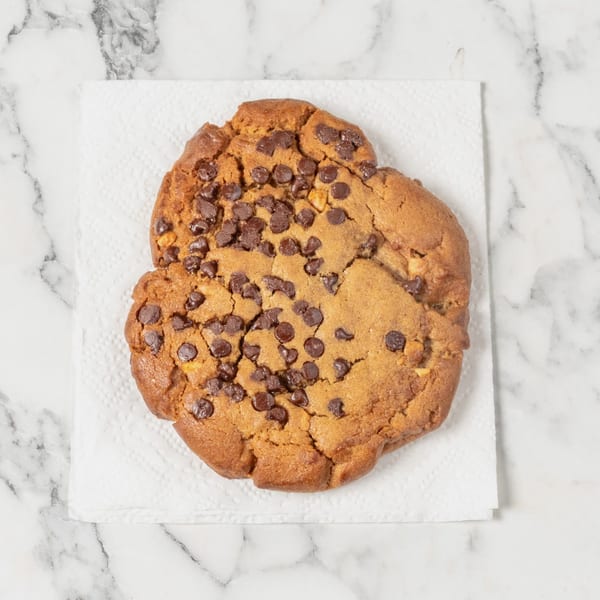A large, golden-brown chocolate chip cookie with nuts rests on a white paper towel.